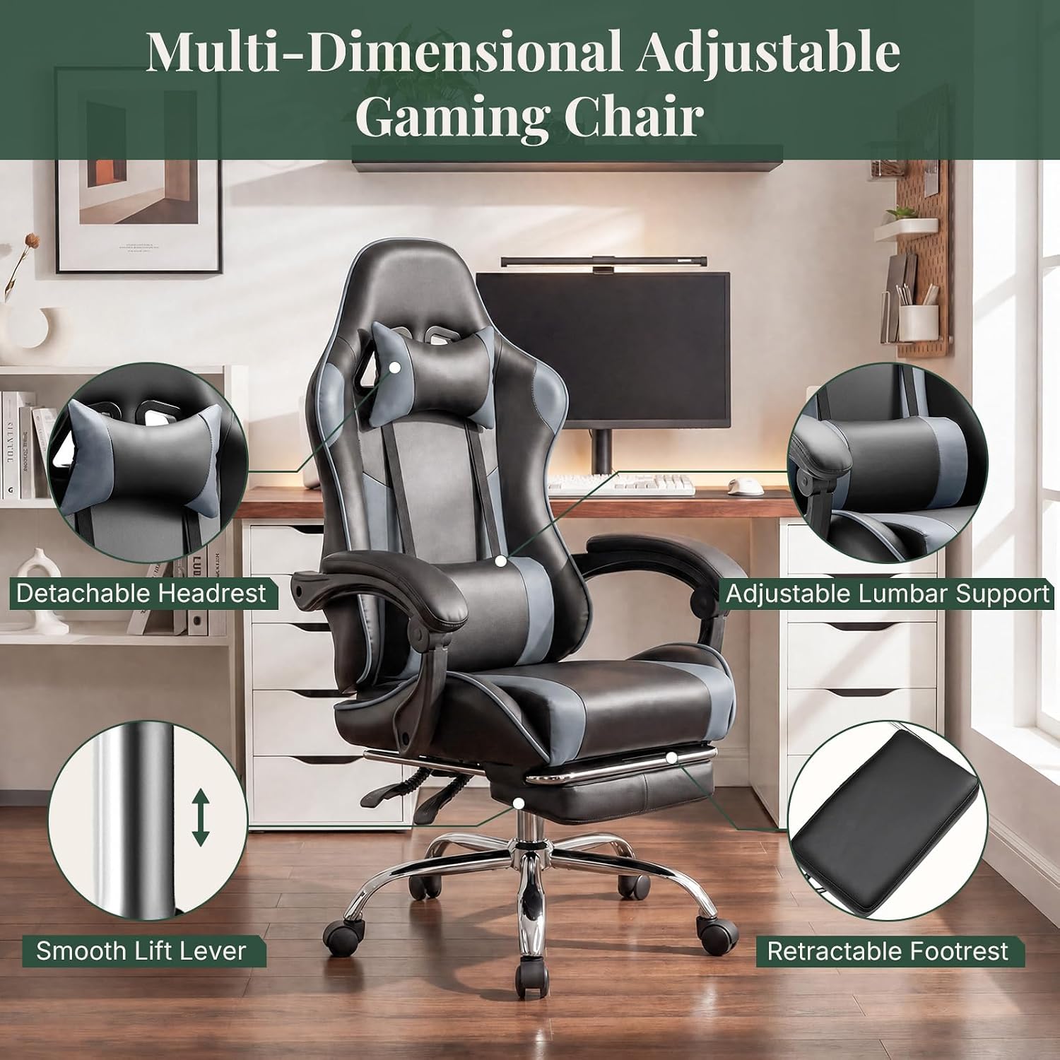 Computer Gaming Chair with Footrest, Ergonomic High Back PU Leather Video Racing Chair with Adjustable Headrest & Linkage Armrest, for Office and Home, Adults, Grey