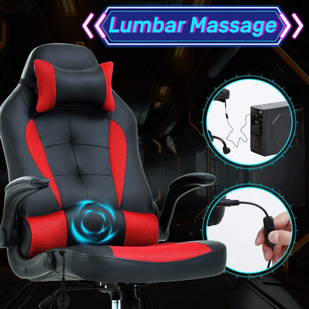 Gaming Chair Ergonomic Home Office Video Game Chairs Massage PU Leather Computer Chair Adjustable Swivel Chairs with Lumbar Support Headrest, Red