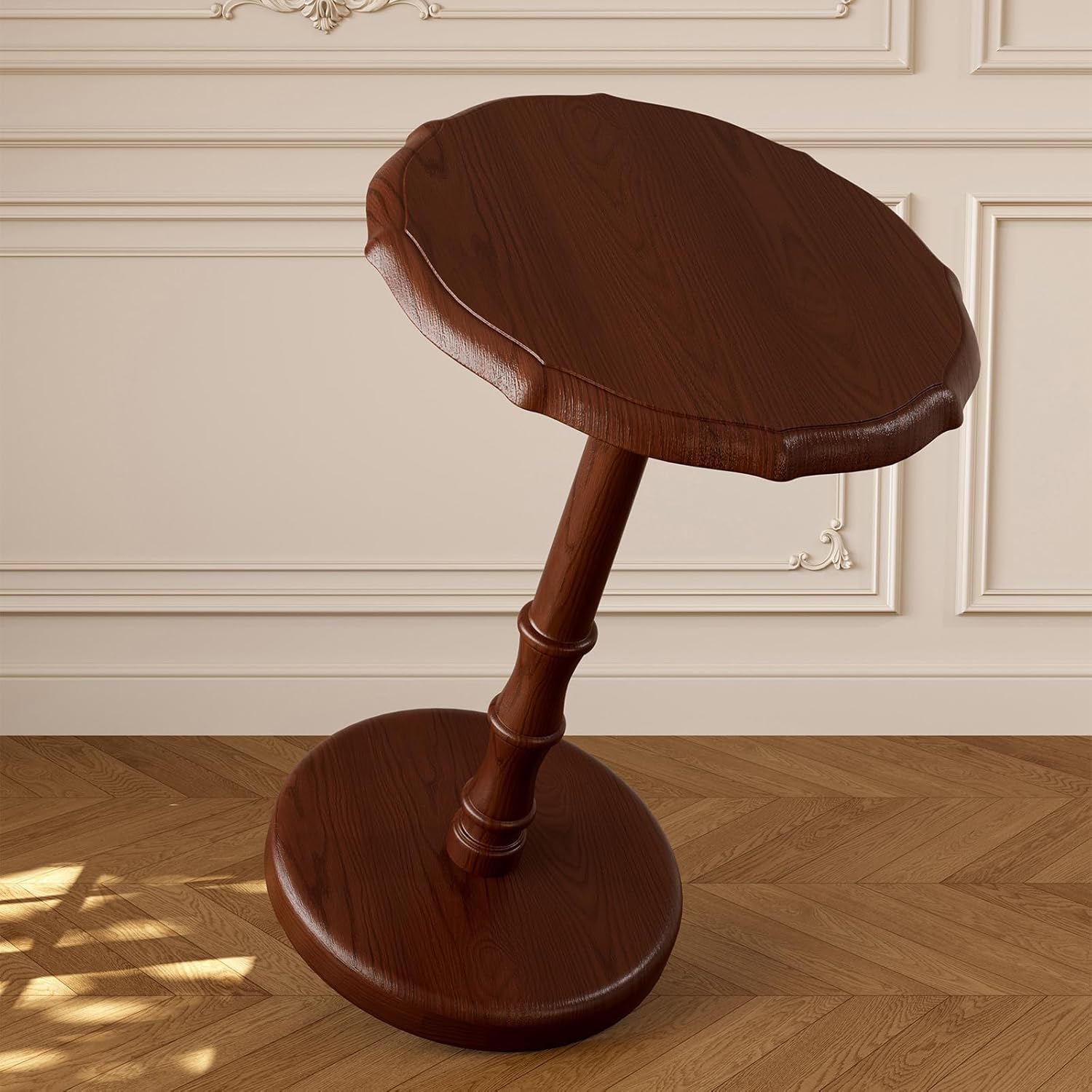 100% Solid Wood Round Pedestal Side Table, Vintage End Table for Living Room Bedroom, Heavy-Duty Antique Accent Table for Corner Spaces, Small Bedside Nightstand, 5-Min Assembly, Walnut