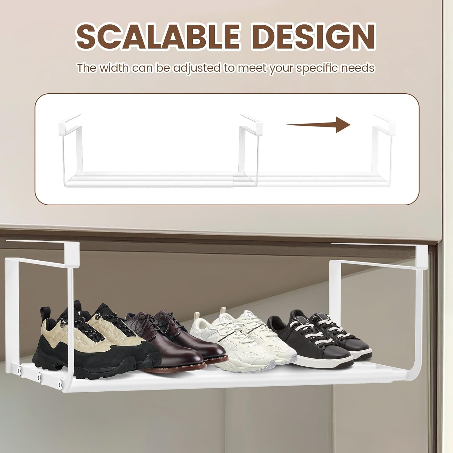 Shoe Storage Rack, Expandable Shoe Rack, Under Shelf Shoe Rack, Carbon Steel Under Shelf Shoe Rack Hanging Shoe Tray for Cabinet Shoe Cupboard (White)
