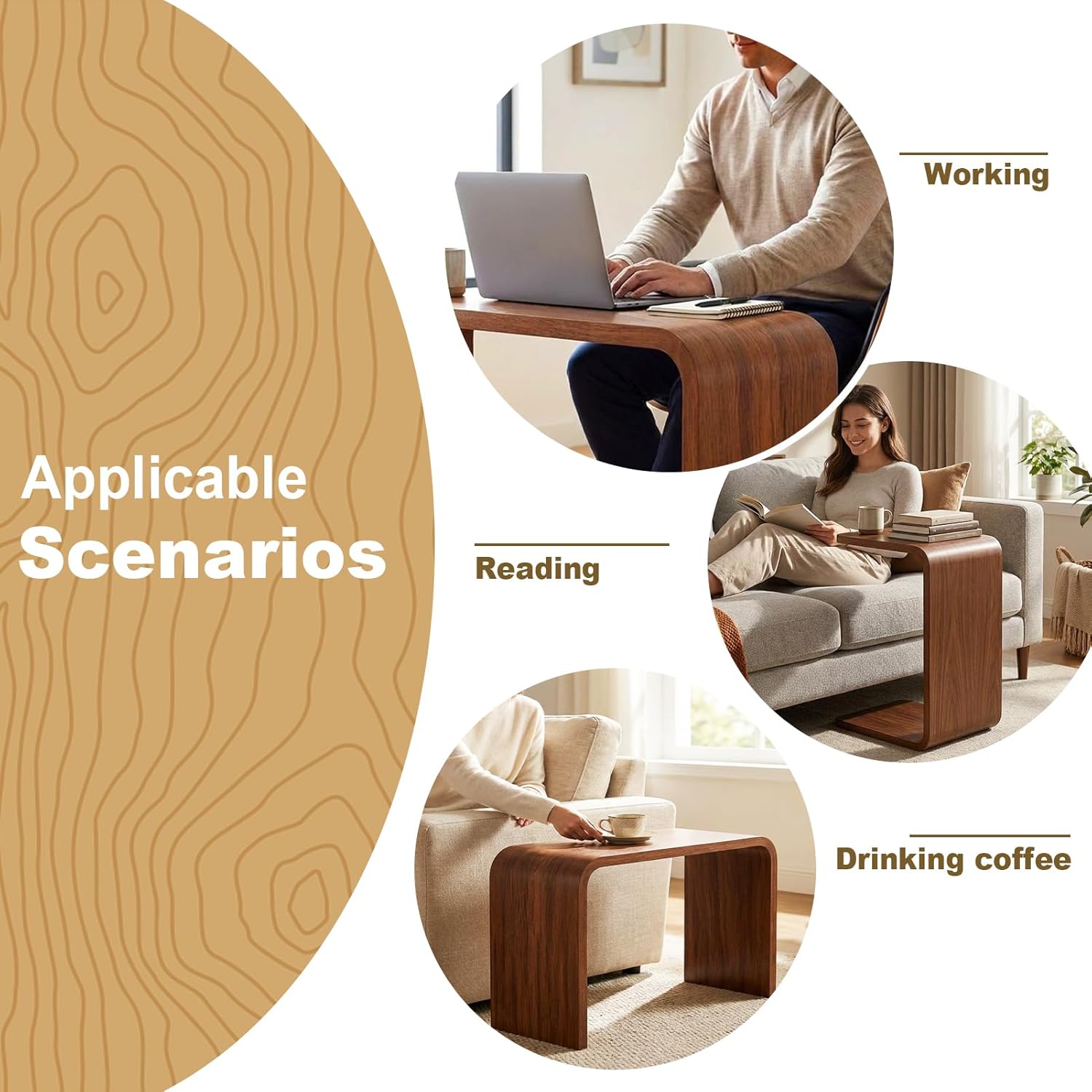 C Shaped End Table, Wooden Sofa Side Table for Couch, Small Nightstand for Living Room Bedroom Narrow Spaces Office