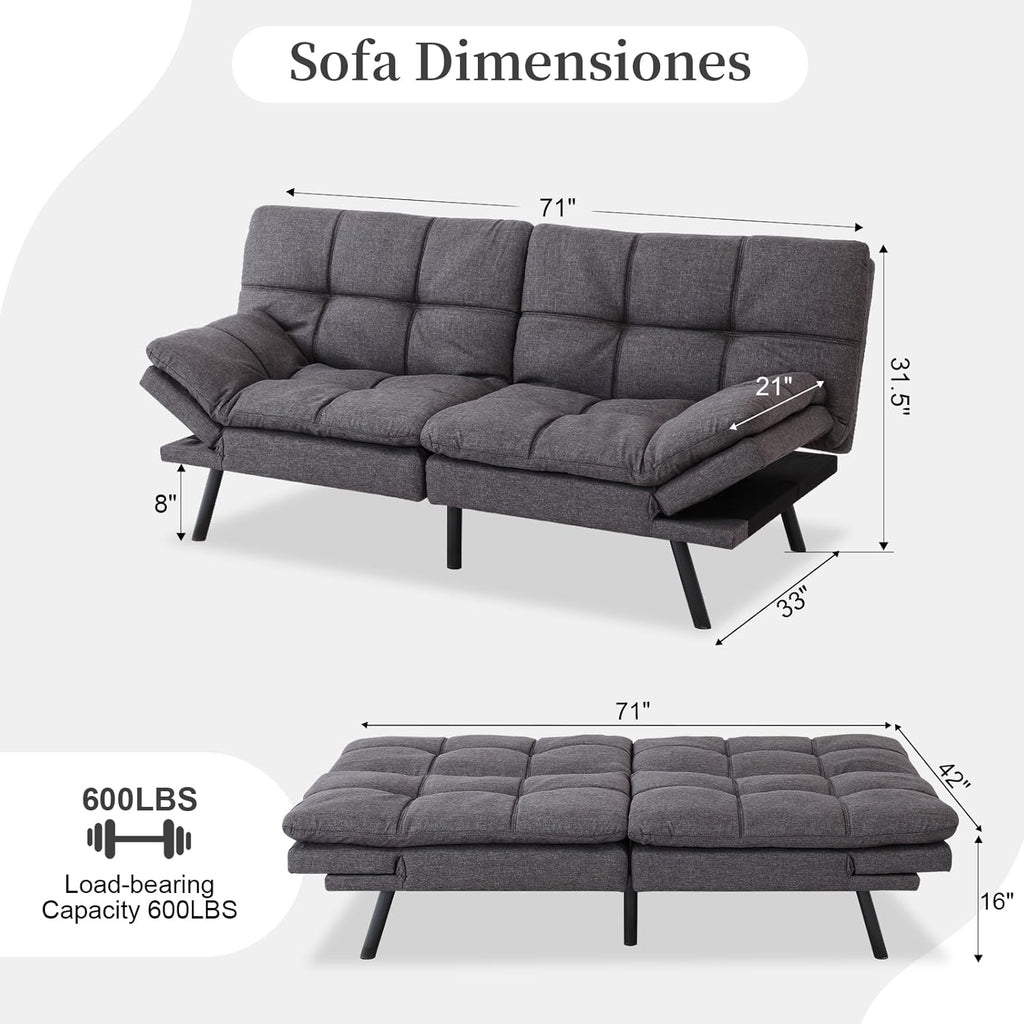 Opoiar Futon Sofa Bed Convertible Memory Foam Foldable Couch Modern Sleeper Loveseat with Adjustable Armrests&Backrests for Small Spaces Office Studio Apartment Dorm Game Room