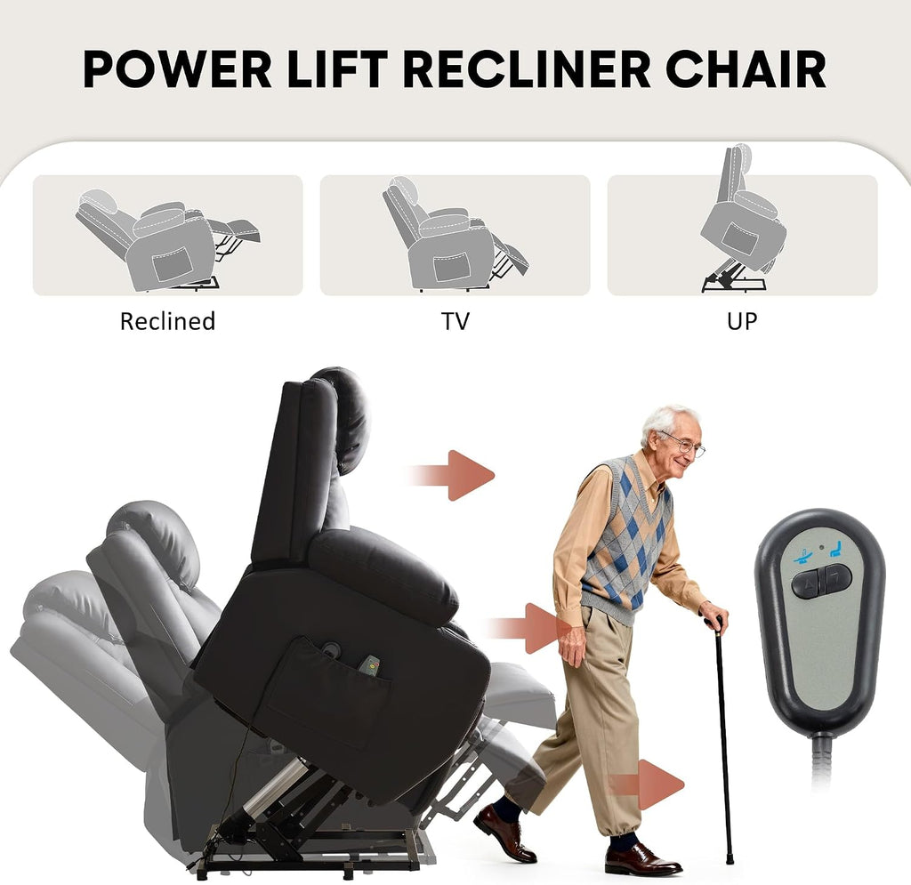 Korser Oversized Power Lift Recliner Chair with Massage and Heat for Elderly, 26" Overstuffed Wide Electric Recliner with 2 Side Pockets, Cup Holders, Lift Chair for Living Room, Faux Leather, Black