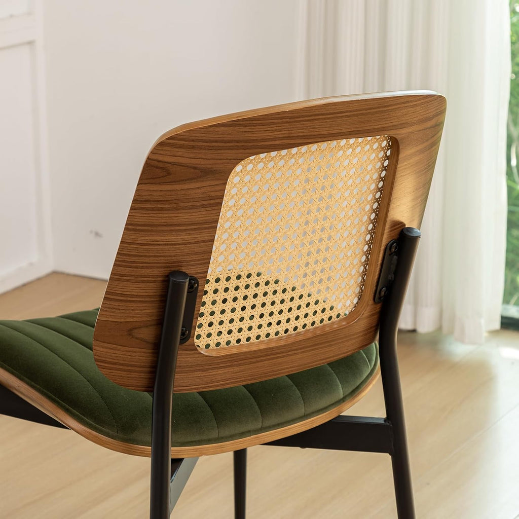 Rattan Dining Room Chairs Set of 2, Mid Century Modern Kitchen Chairs,Green Velvet Walnut Wood Finish Side Chair, Metal Legs Chair with Rattan Backrest,Green Fabric