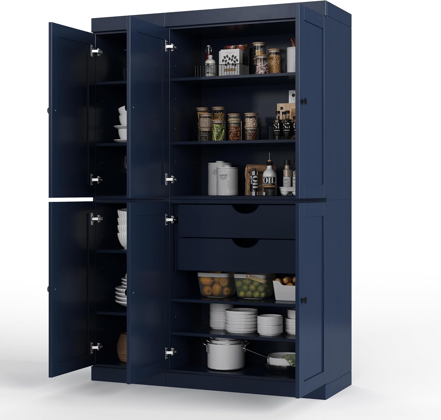 Palace Imports Solid Wood Kitchen Pantry Cabinet - 71.5" H x 48.5"W – Storage Cabinet w/ 6 Shaker Doors, 2 Drawers & 8 Adjustable Shelves – Navy Blue, 100% Renewable Eco-Friendly Wood, Made in Brazil