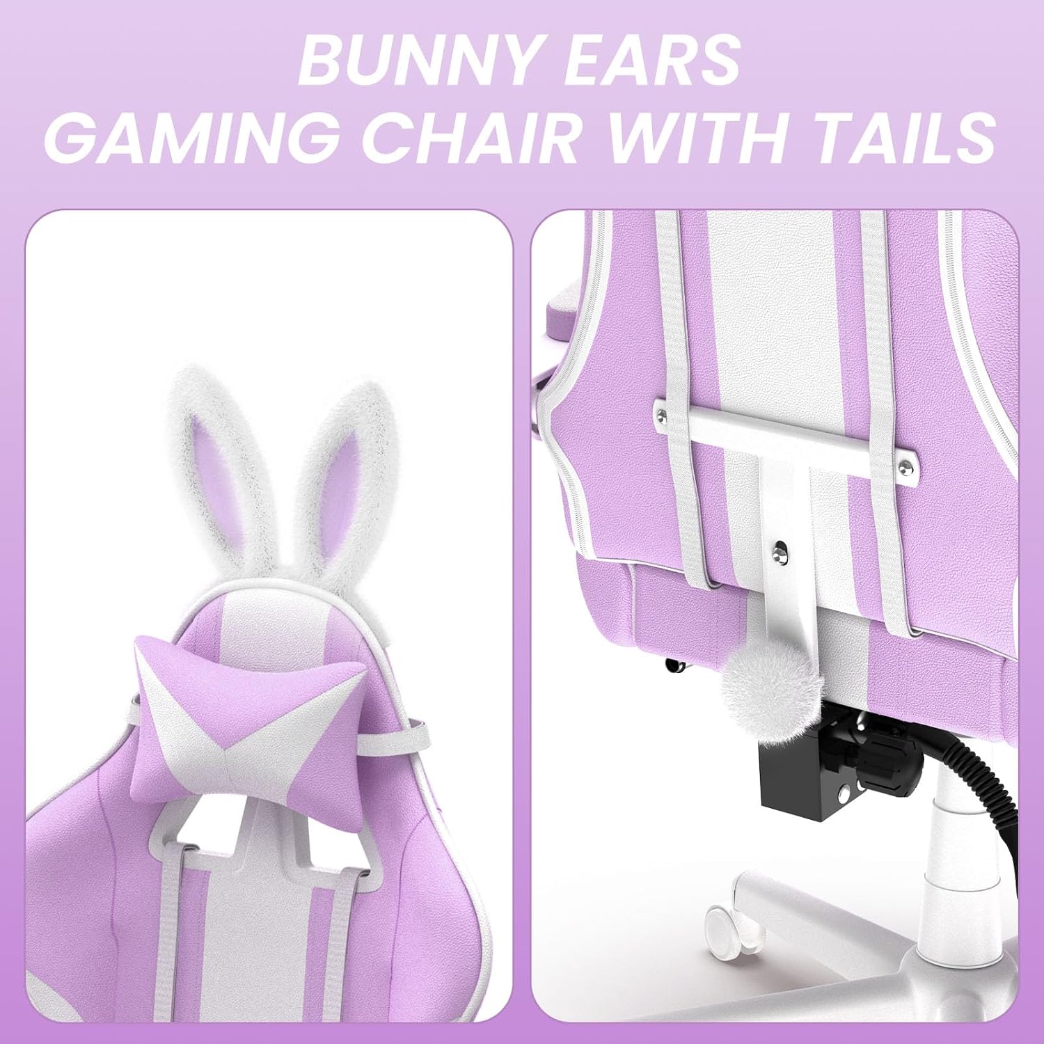 Ferghana Kawaii Light Purple Gaming Chair with Bunny Ears, Ergonomic Cute Gamer Chair with Footrest and Massage, Racing Reclining Leather Computer Game Chair for Girls Adults Teens Kids