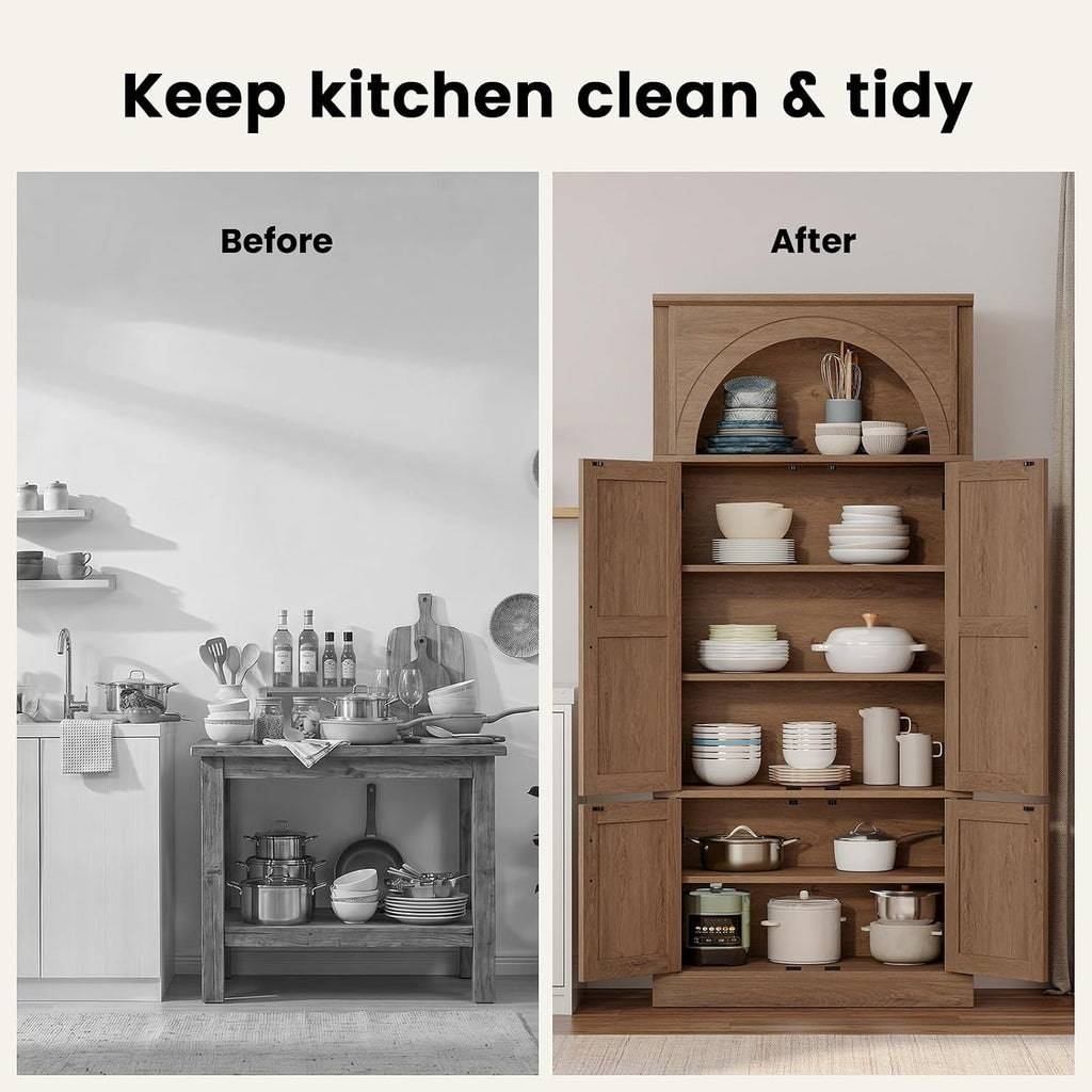 71'' Tall Kitchen Pantry Storage Cabinet, Food Pantry Wood Cabinet with Adjustable Shelves, Freestanding Versatile Kitchen Pantry Cupboard for Kitchen, Dining Room, Living Room, Brown