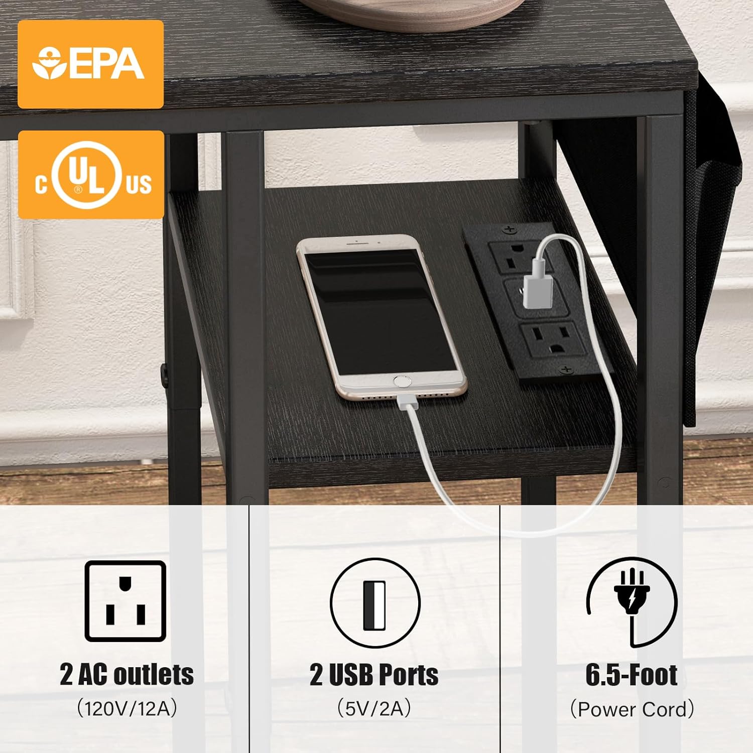 Livofloral C Shaped End Table with Charging Station, Small Side Tables for Couch with Storage Bag, Couch Side Tables for Living Room, C-Table for Sofa, Small Bedside Table for Bedroom, Black