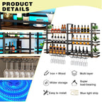 Wine Rack Wall Mounted with LED Lights, 3 Tier Metal Liquor Floating Display Shelves, with Wine Glass Rack, Iron & Wood Industrial Wall Wine Rack, for Bar, Kitchen, Cafe (Black, 63in)
