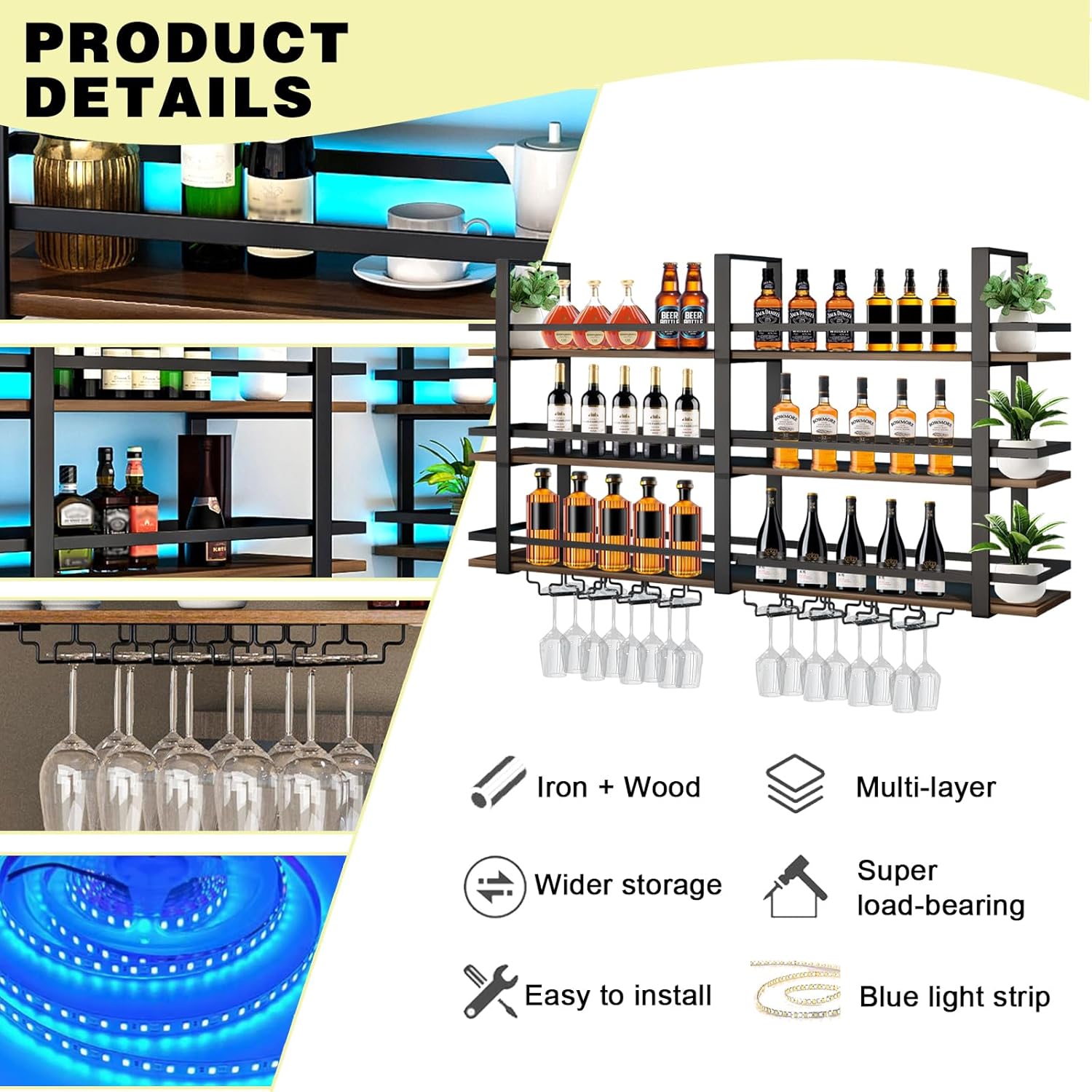 Wine Rack Wall Mounted with LED Lights, 3 Tier Metal Liquor Floating Display Shelves, with Wine Glass Rack, Iron & Wood Industrial Wall Wine Rack, for Bar, Kitchen, Cafe (Black, 63in)