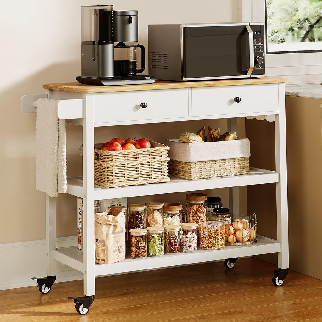 Gizoon Kitchen Island Cart on Wheels with 40'' Wood Tabletop | 2 Open Tiers Storage Shelves and Towel Rack, Rolling Utility Cart with 3 Side Hooks and 2 Drawer for Dining Room, Bar, White