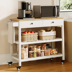 Gizoon Kitchen Island Cart on Wheels with 40'' Wood Tabletop | 2 Open Tiers Storage Shelves and Towel Rack, Rolling Utility Cart with 3 Side Hooks and 2 Drawer for Dining Room, Bar, White