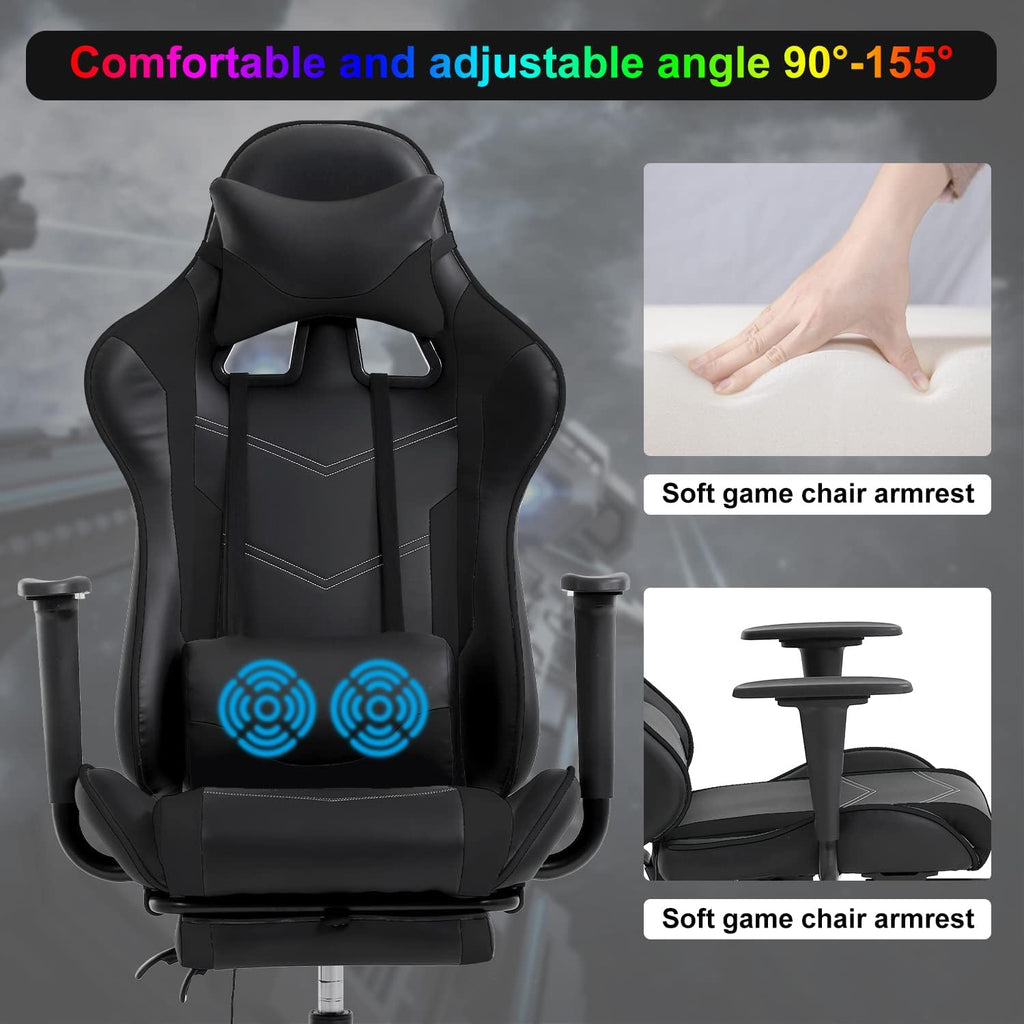 Gaming Desk Chair - High Back Computer Ergonomic Massage PC Racing Chair With Waist Support, Retractable Foot Pedal, PU Leather Recliner, Rolling Adjustable Swivel for Women Men