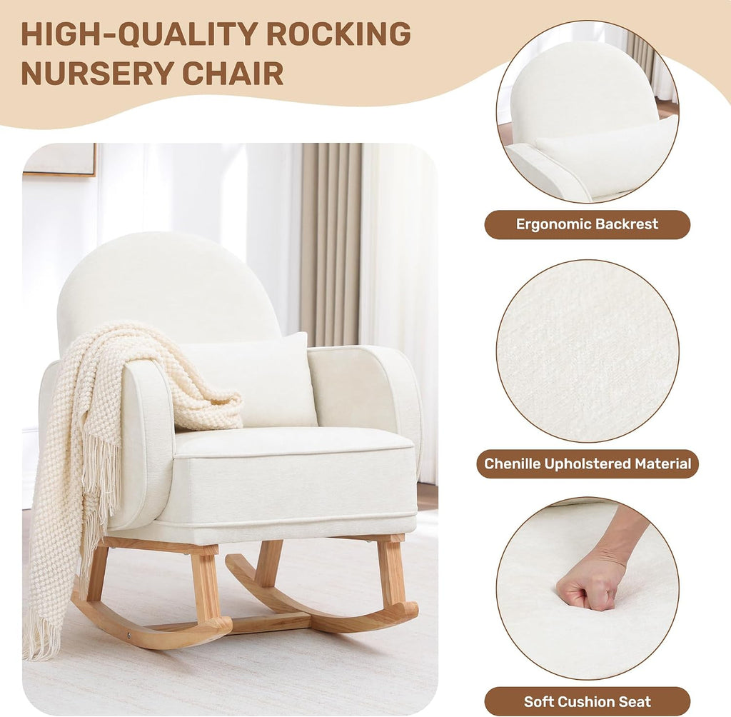 HCHAIRH Rocking Chair with Ottoman, Upholstered Glider Rocker with High Backrest and Side Pocket, Comfy Chenille Reading Chair with Solid Wood Legs for Nursery, Living Room,Bedroom Beige