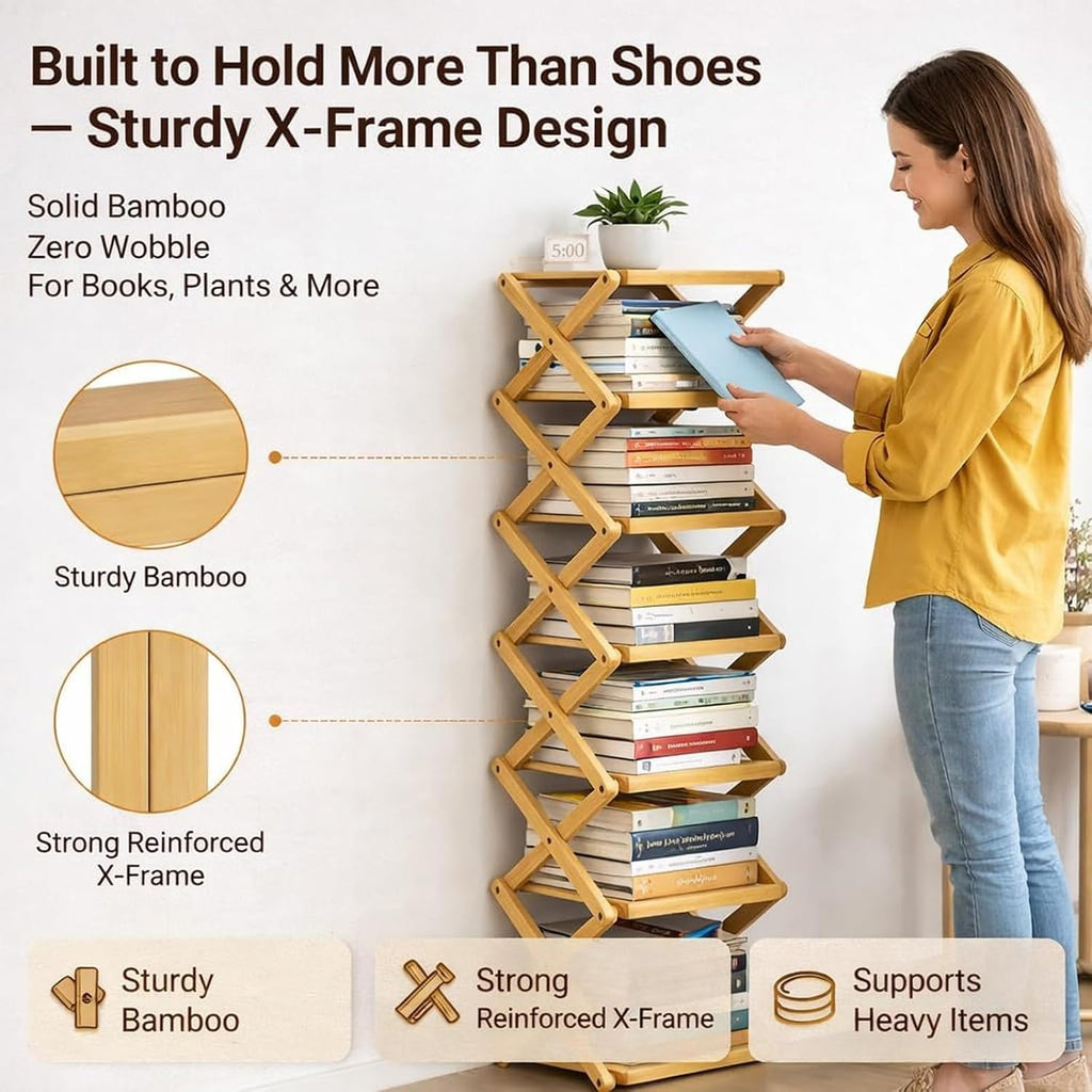 GDSAFS 2-9 Tier Bamboo Shoe Rack, 2026 New Sturdy Foldable Shoe Organizer, High-Capacity No-Assembly Vertical Storage with Anti-Slip Base for Hallway, Bedroom, Corner, Kids' Room (Yellow,9 Layers)