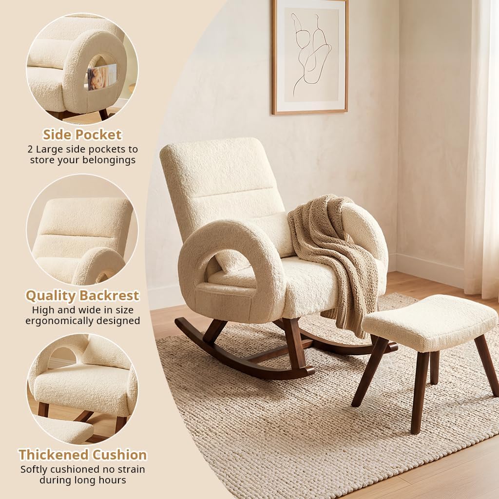 COMHOMA Rocking Chair Nursery with Ottoman,Boucle Teddy Fabric Glider Rocker with High Backrest&Lumber Pillow,Modern Upholstered Accent Armchair with Solid Wood Legs (Beige, Boucle)