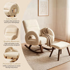 COMHOMA Rocking Chair Nursery with Ottoman,Boucle Teddy Fabric Glider Rocker with High Backrest&Lumber Pillow,Modern Upholstered Accent Armchair with Solid Wood Legs (Beige, Boucle)