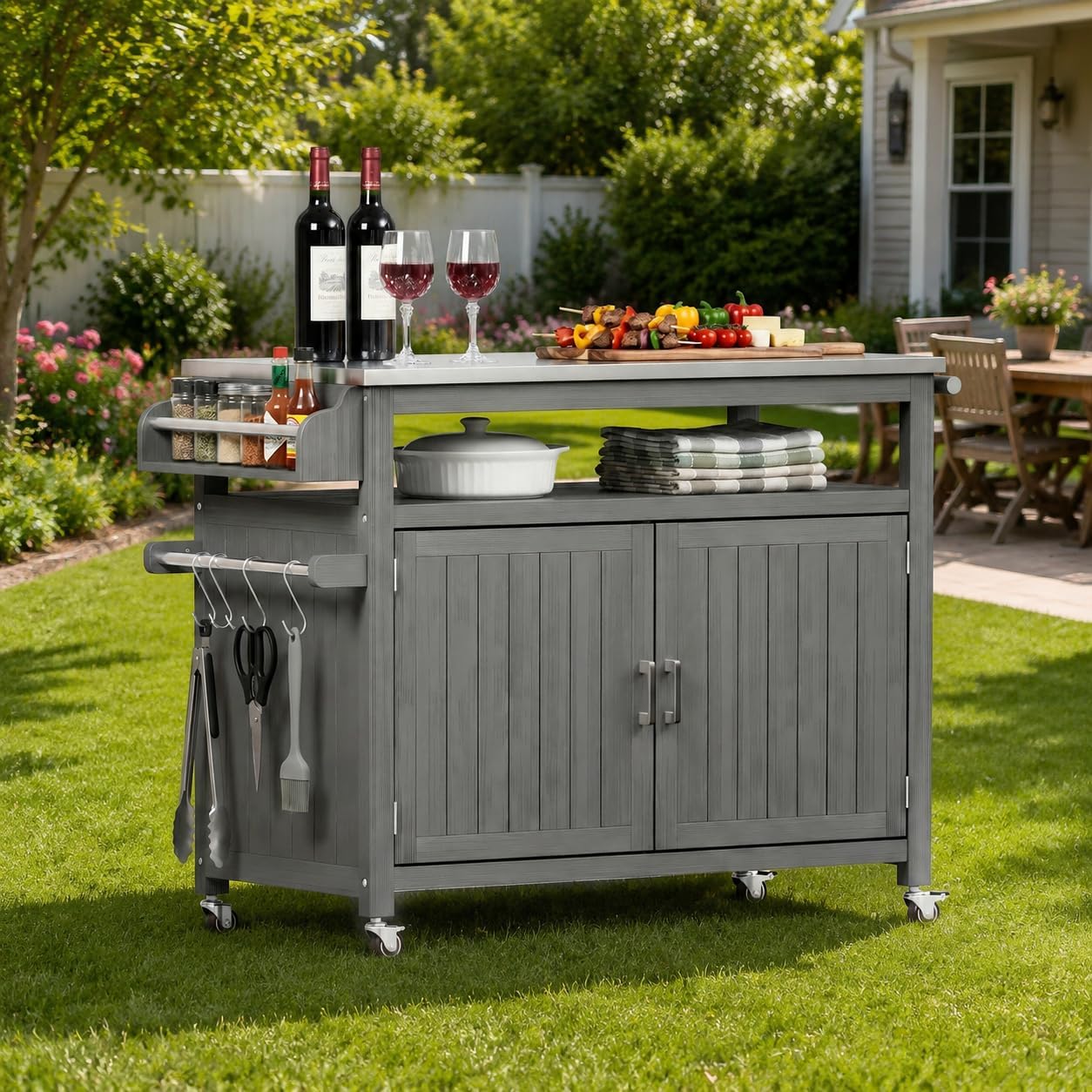 FUQARHY 43.3-Inch Solid Wood Outdoor Kitchen Island with Storage Cabinet, Grill Table with Stainless Steel Top, Outdoor Cooking Prep Station with Lockable Wheels for Backyard, Patio, Party (Gray)