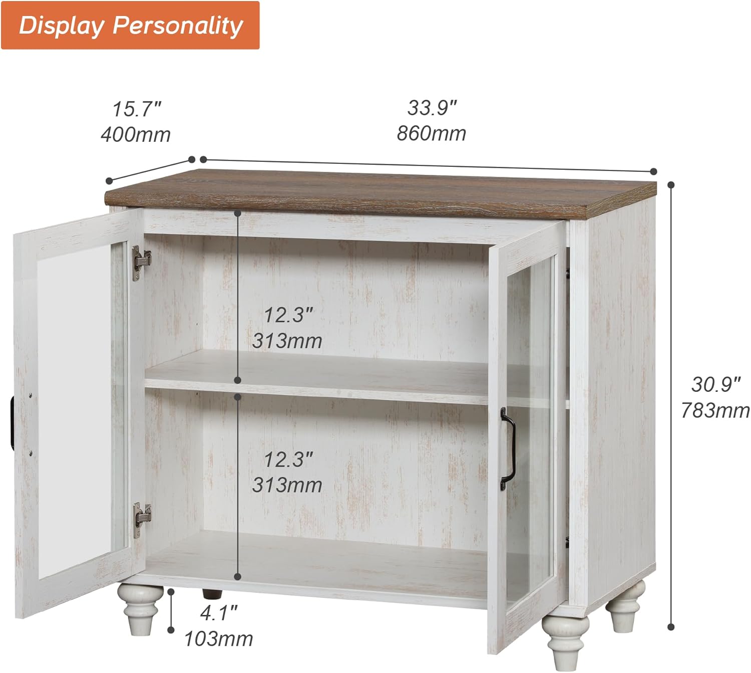WAMAPT Kitchen Storage Cabinets, Farmhouse Sideboard Buffet Cabinets with Glass Door, Wood Coffee Bar Tables with Adjustable Shelf for Dining Room, Living Room, Rustic White