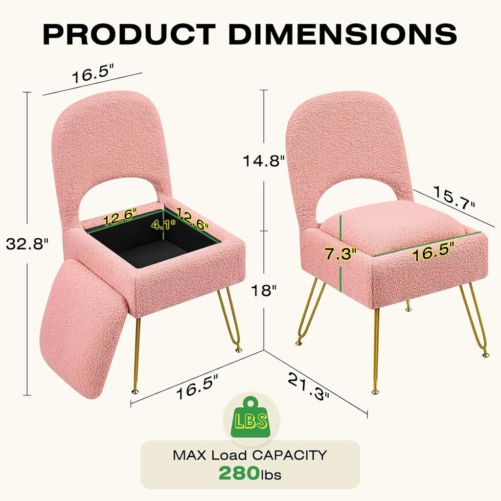 Vanity Chair with Storage & Folding Backrest, Cute Pink Faux Fur Vanity Stool, Comfy Padded Make Chair for Makeup Bedroom, Adjustable Back & Plush Cushion Seat,16.6" Wide 11L Storage Space