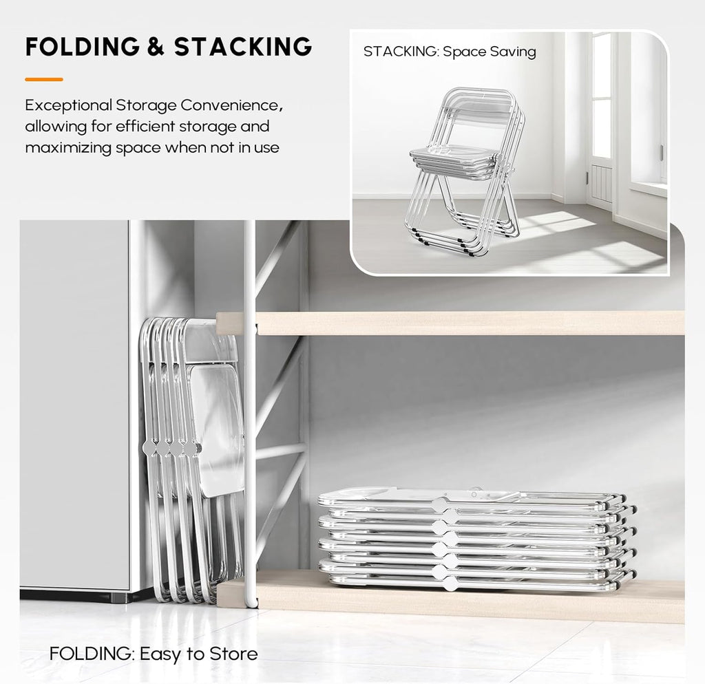 VINGLI Acrylic Folding Chairs 2 Pack, Clear Chair Foldable and Stackable, Plastic Panel & Metal Chrome Frame, Weight Capacity 350 lbs, Transparent