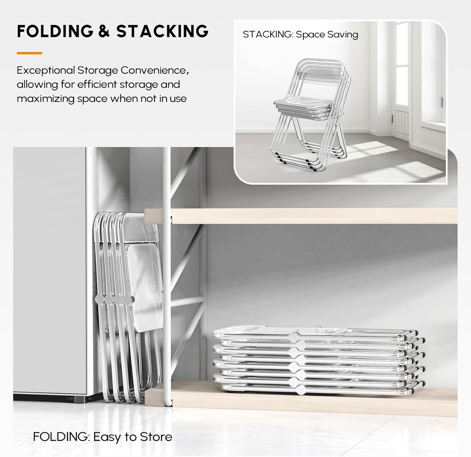 VINGLI Acrylic Folding Chairs 2 Pack, Clear Chair Foldable and Stackable, Plastic Panel & Metal Chrome Frame, Weight Capacity 350 lbs, Transparent