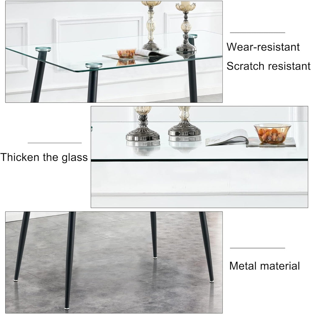 Baysitone 51 inch Glass Dining Table Set for 4, Dining Table & Chair Sets with Black Metal Legs for Kitchen, Modern Rectangle Tempered Glass Table Top&Transparent Plastic Dining Chair for Dining Room