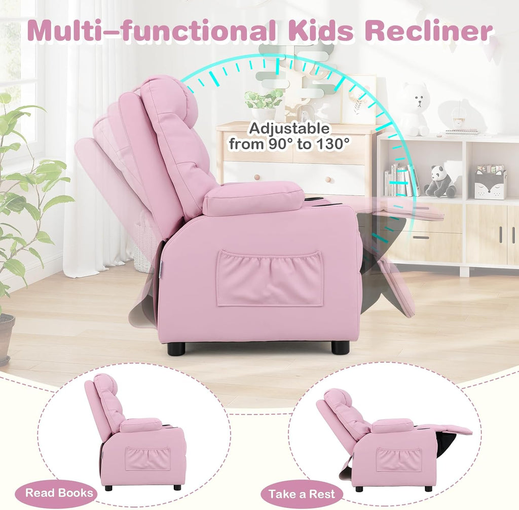 Kids Recliner, Kids Recliner Chair w/ 2 Cup Holders, PU Leather Chairs Comfy w/Adjustable Backrest & 3 Pockets, Toddler Furniture Sofa for Boys Girls Aged 3+