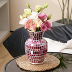 Pink Mosaic Glass Flower Vase, 8.7 Inch Handmade Home Decorative Vase for Living Room, Kitchen, Wedding, Pink Vase for Home Decor(Large)