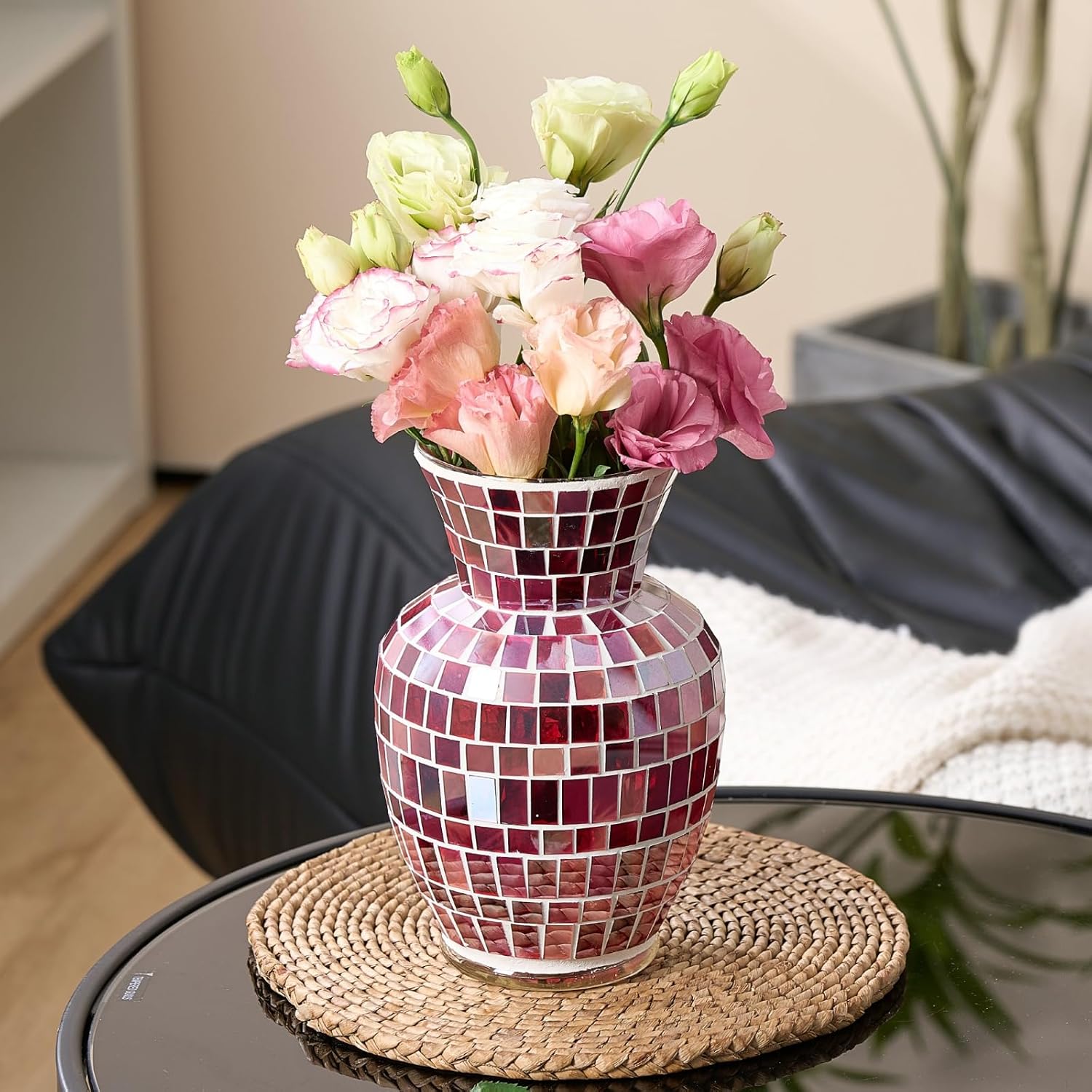 Pink Mosaic Glass Flower Vase, 8.7 Inch Handmade Home Decorative Vase for Living Room, Kitchen, Wedding, Pink Vase for Home Decor(Large)