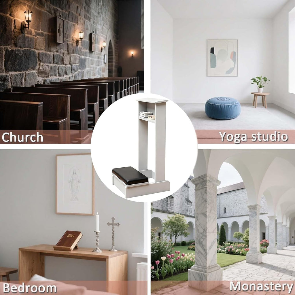 Wooden Prayer Kneeler Church Pulpit Kneeling Chair with Book Stand, Prayer Bench with Lectern Shelf for Bible Reading and Worship(White)