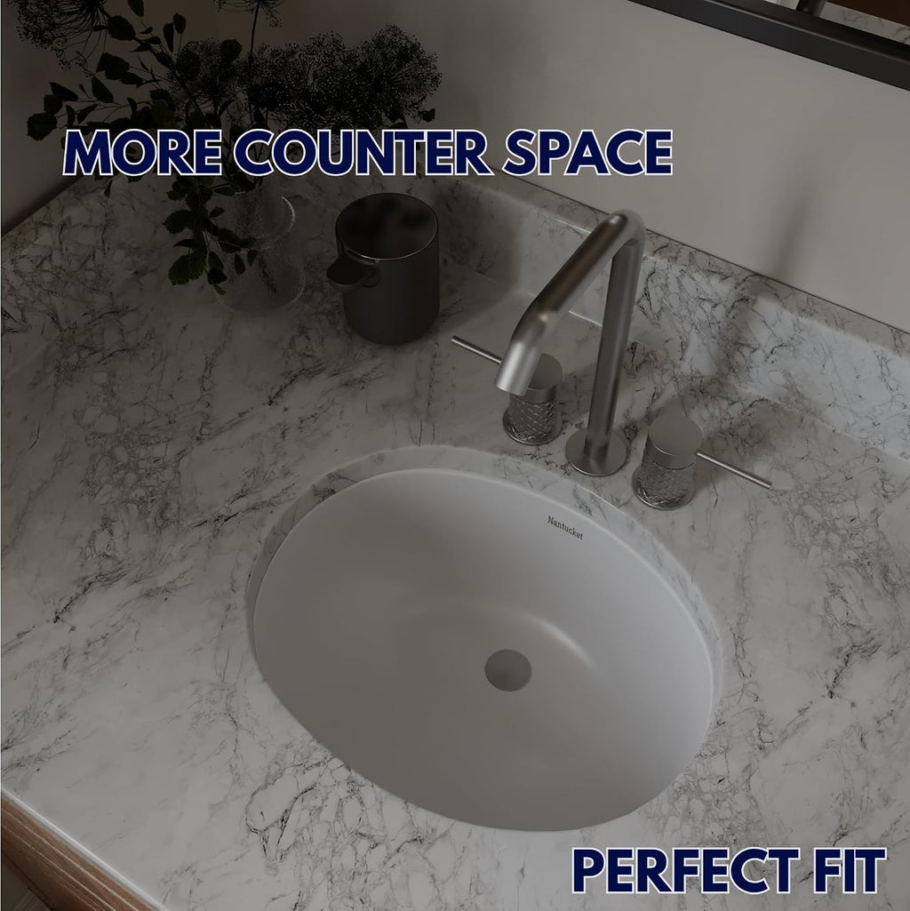 Nantucket Sinks Undermount Bathroom Sink – GB-13x10-W Small Oval Bowl Sink 13 Inch X 10 Inch for Bathroom Vanity, Glazed Bottom for Open Console, White, with Overflow – Ceramic, High Gloss Glaze