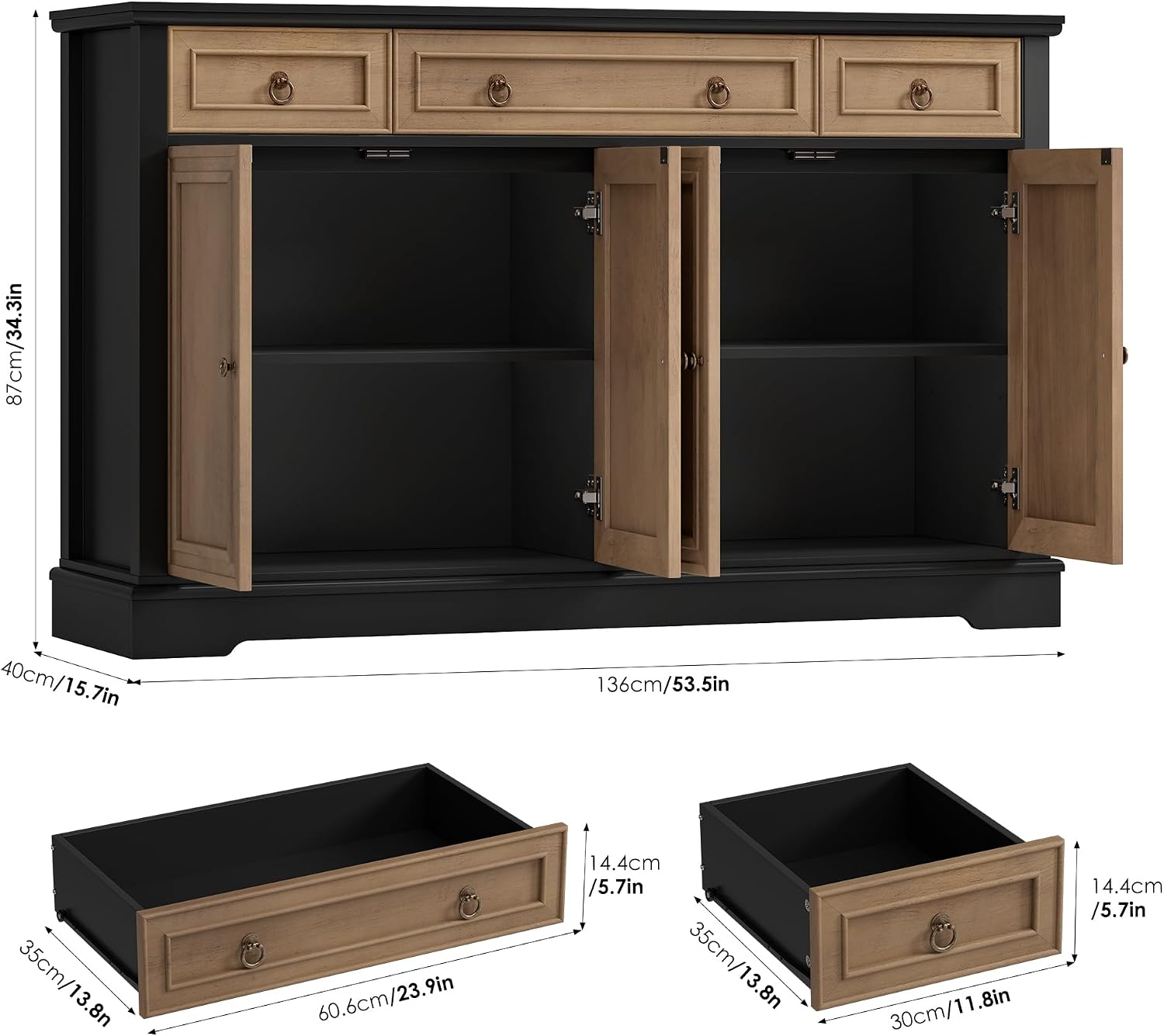 FINETONES Buffet Cabinet with Storage, 52.7" Large Sideboard Buffet Table, Kitchen Cabinet with 3 Drawers and 4 Doors, Wood Coffee Bar for Kitchen Dining Room, Black/Brown