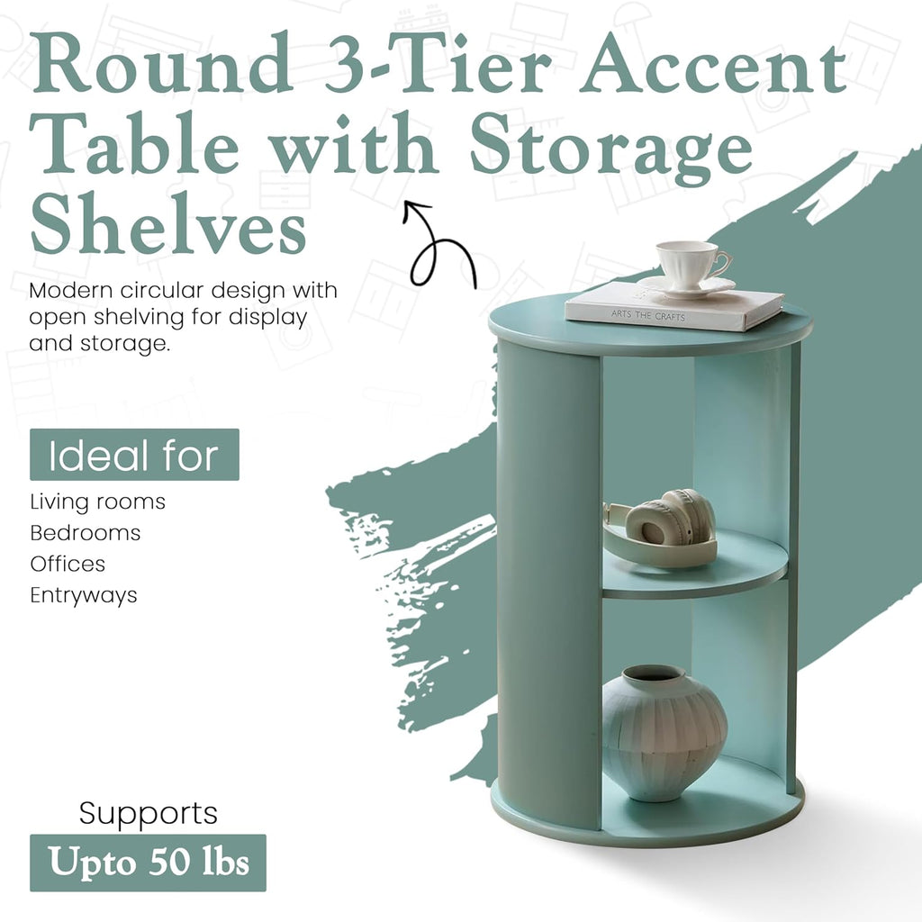 Kings Brand Furniture Round 3-Tier Accent Side Table with Storage Shelves, Wooden End Table Bedside Table for Living Room or Bedroom (Glacier)