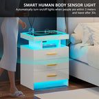 Set of 2 Nightstand with Charging Station and 3 Drawers for Bedroom Black | High Gloss Bedside Table with 3 Color Dimmable Light, LED Night Stand with USB Type-C Port