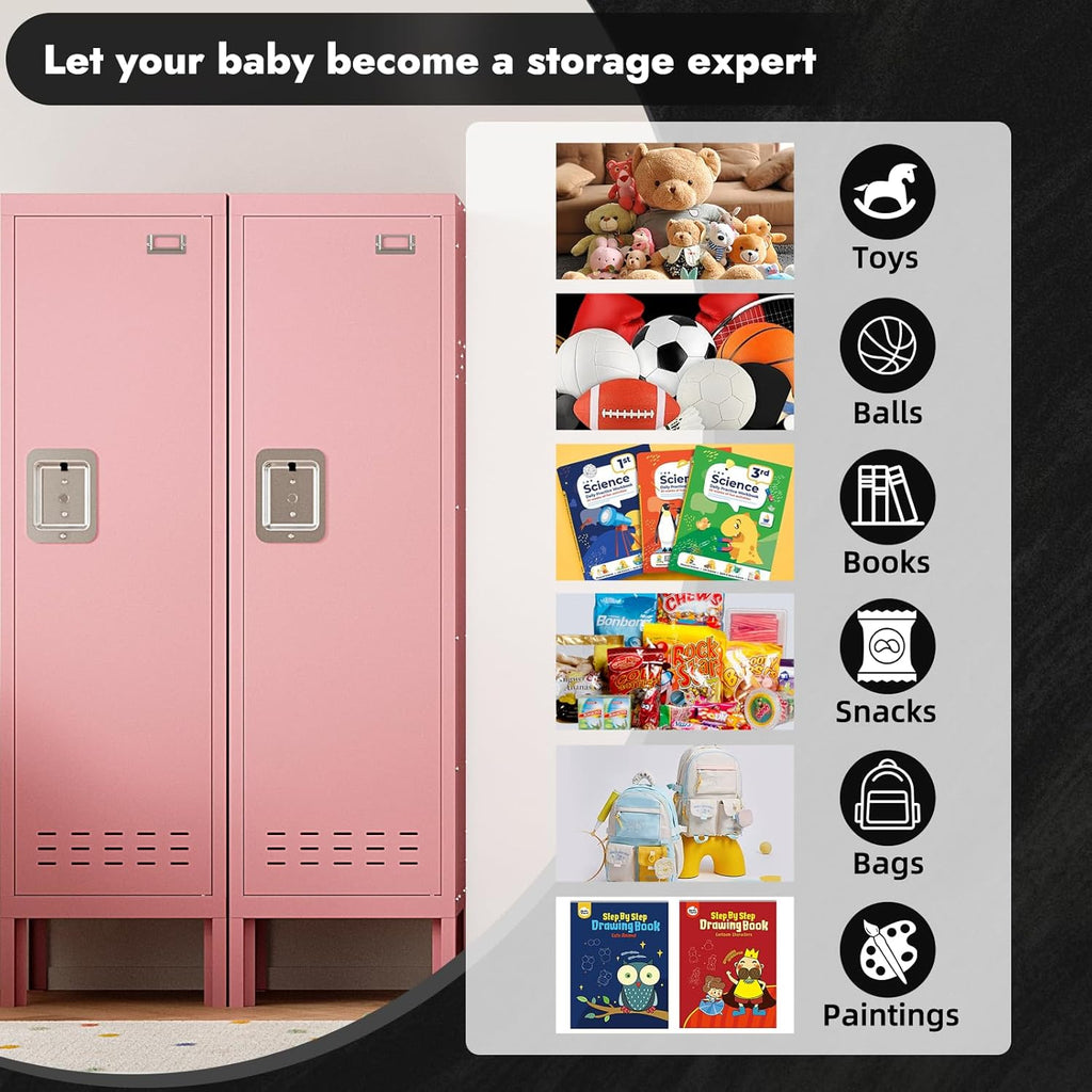 KAER Pink Locker 54" H Metal Storage Cabinet Kids Lockers for Employees Lockable Locker Storage Organizer with Locker Shelf with Louvers Nameplate Small for Home School Gym Office
