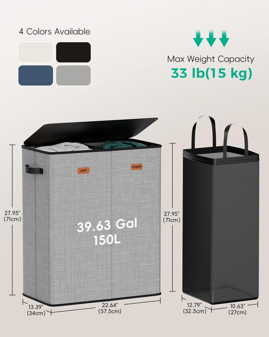 150L Dual-Compartment Laundry Hamper with Lid & Removable Inner Bag – Large 2-Section Clothes Hamper for Home, Dorm & Laundry Room