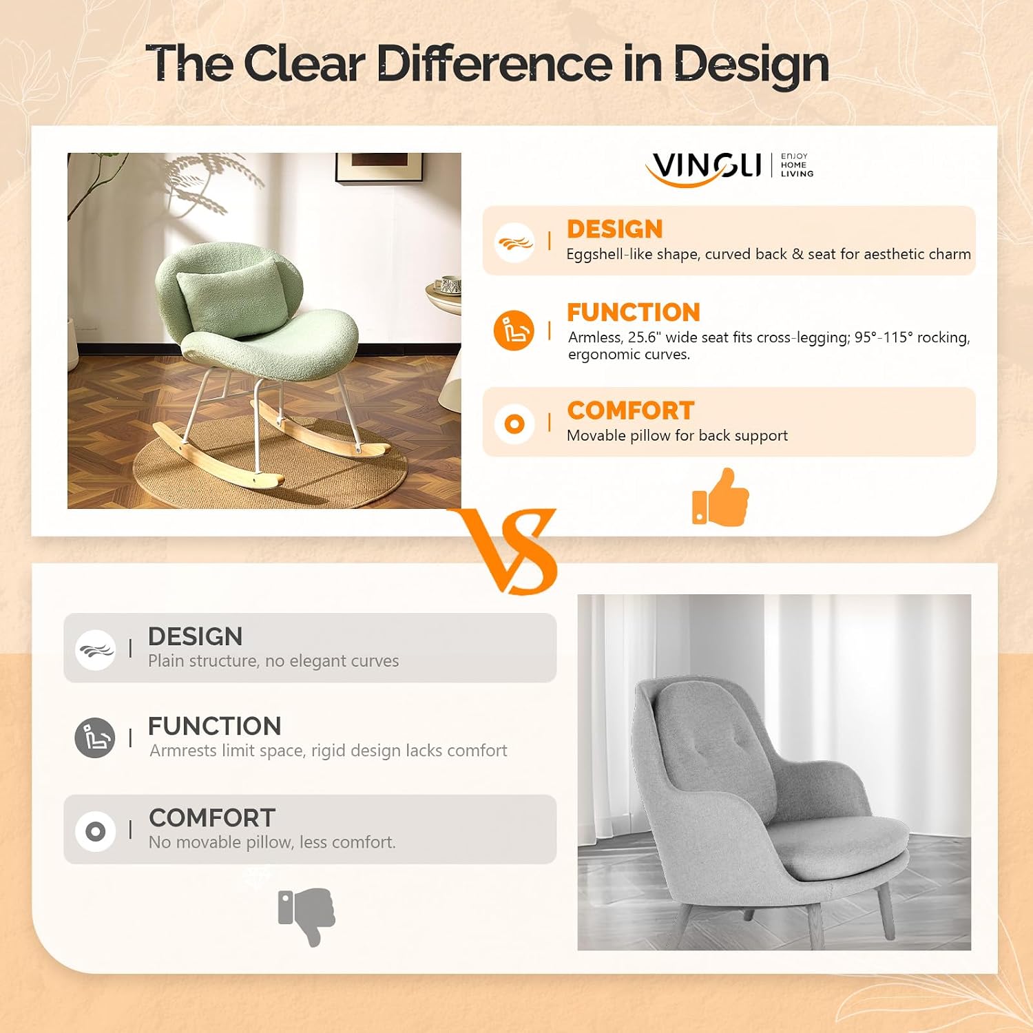 VINGLI 25.6" Extra Wide Criss Cross Nursery Rocking Chair,Cute Curved 115° Reclining Armless Glider,Teddy Small Rocker w/Pillow & Solid Wood for Indoor,Bedroom, Living Room,Teddy Fleece,Seafoam Green