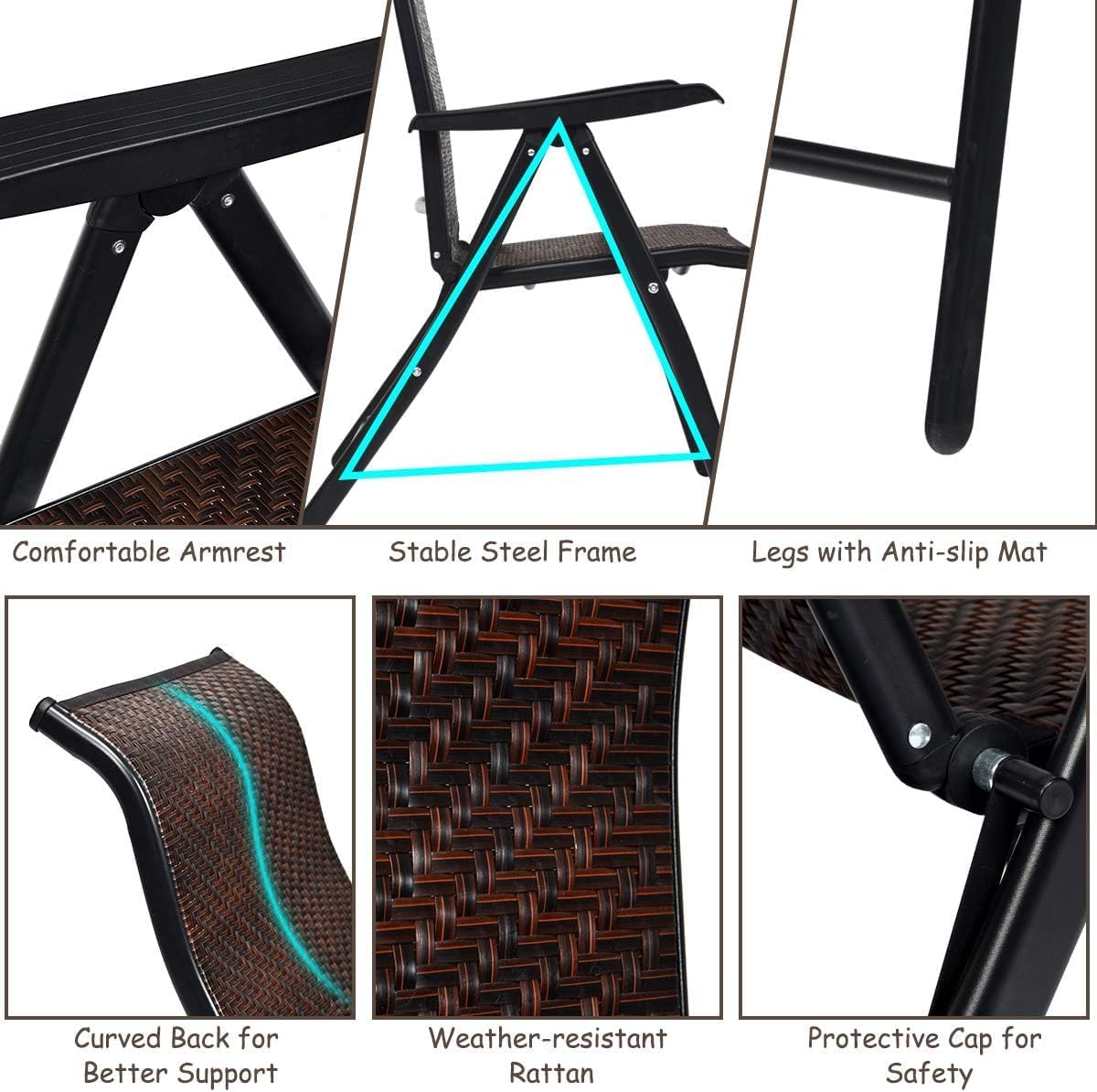 Tangkula Foldable Patio Wicker Dining Chairs Set of 4, Portable High Back Outdoor Wicker Chair with 5-Level Adjustable Backrest, No Assembly Reclining Chairs for Porch Deck Garden Balcony (4)