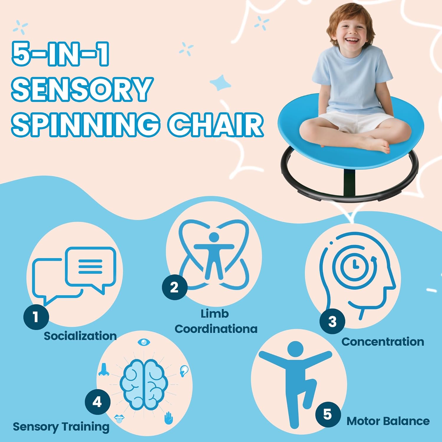 Pterying 21" L × 19" W Large Size Spinning Chair for Autistic Kids, Autism Sensory Products, Sensory Toys Gifts for Kids with Autism & ADHD, Training Body Coordination, Azure Rounded Shape