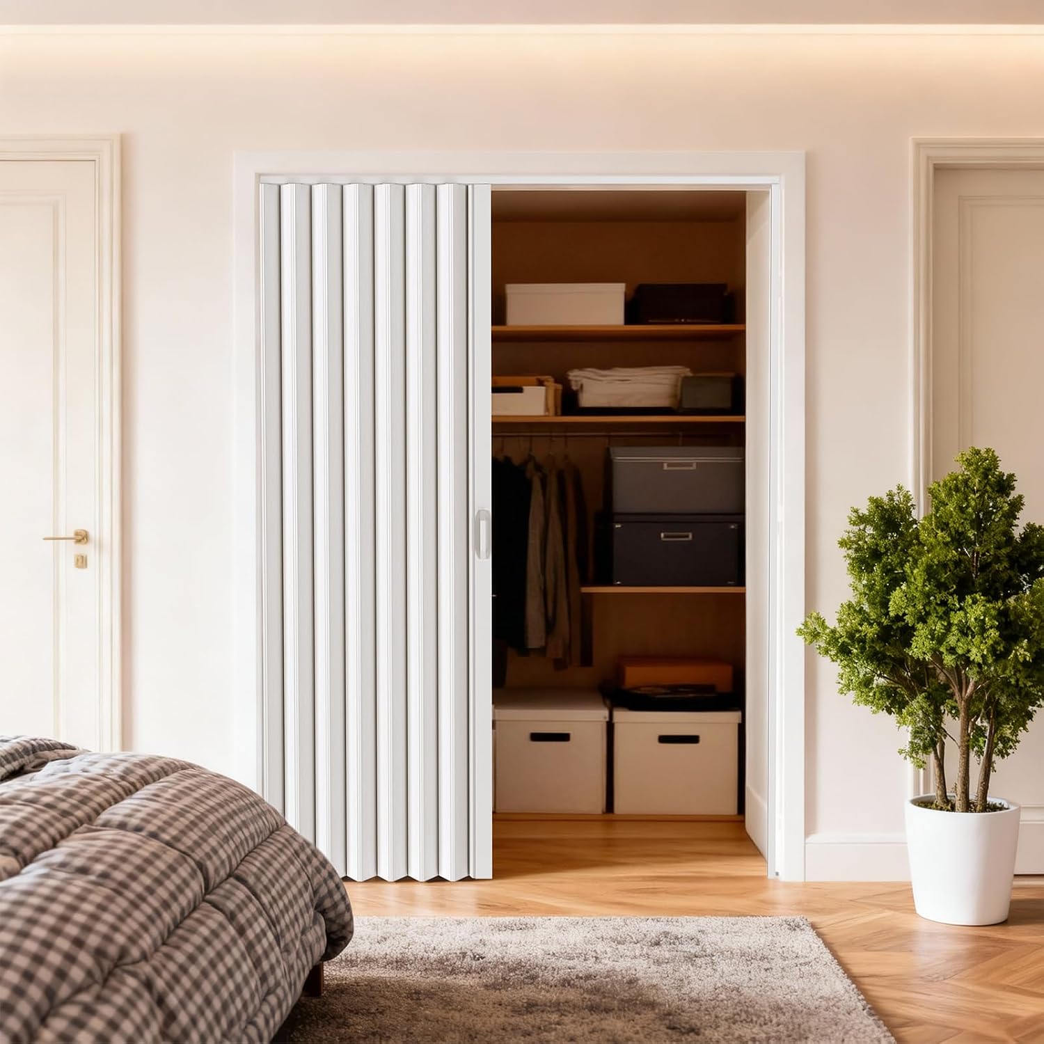 63×80“Concealed Sliding Barn-Style Accordion Door, White Hidden PVC Retractable Interior Partition Door, Enhanced Accordion Doors with Hardware for the Living Room, Study, and Bathroom