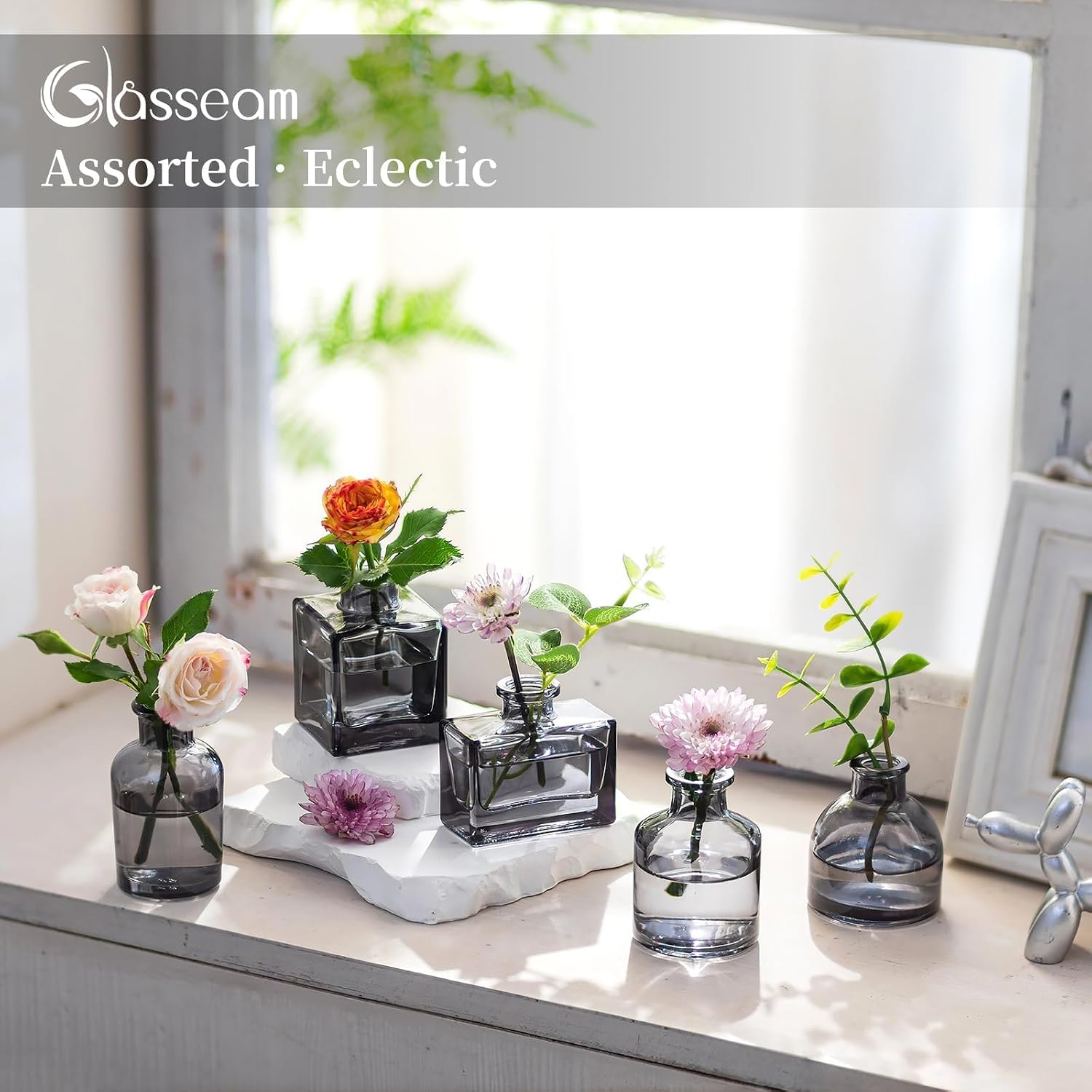 Glasseam Mini Bud Vases for Centerpieces: Clear Small Flower Vase Set of 20 Cute Tiny Glass Table Centerpieces Modern Wedding Birthday Party Baby Shower Dining Room Decoration Black Grey