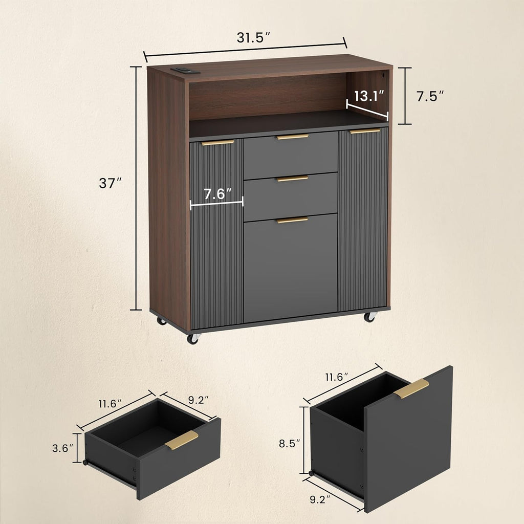 ModernMate Fluted Mobile Office File Cabinet with 3 Drawers, 37" Rolling Storage Cabinet with Charging Station, Small Printer Stand for Home Office, Black Walnut