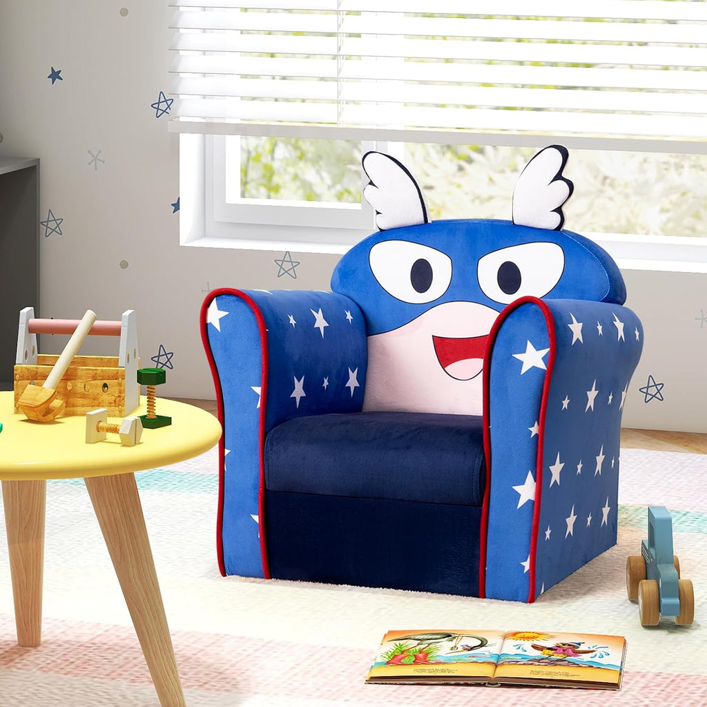 HONEY JOY Kids Couch, Toddler Sofa Armchair with Flyman Pattern, Children Mini Playroom Furniture, Sturdy Wooden Construction, Baby Small Armrest Chair, Lightweight Kids Sofa for Boys Girls (Blue)