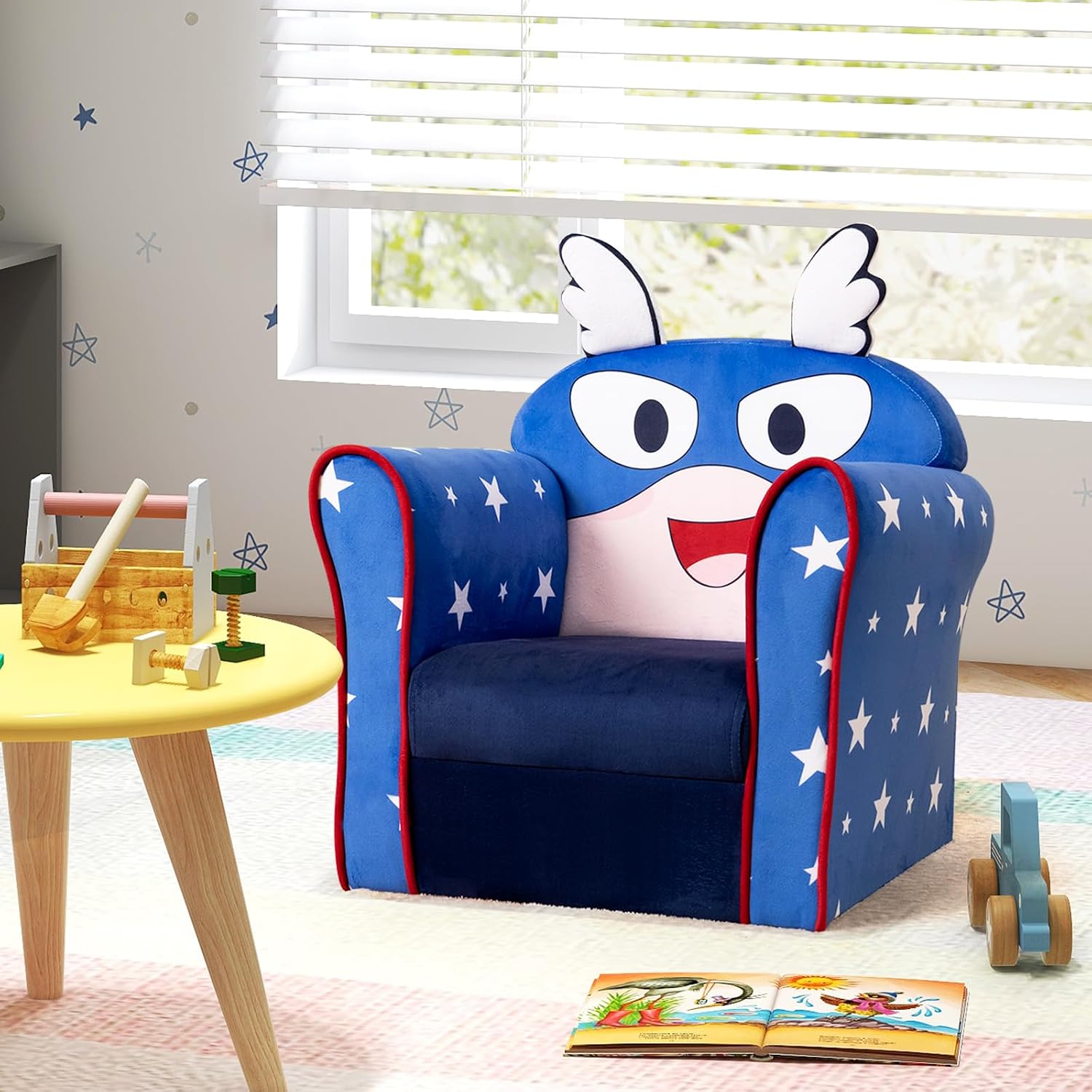 HONEY JOY Kids Couch, Toddler Sofa Armchair with Flyman Pattern, Children Mini Playroom Furniture, Sturdy Wooden Construction, Baby Small Armrest Chair, Lightweight Kids Sofa for Boys Girls (Blue)