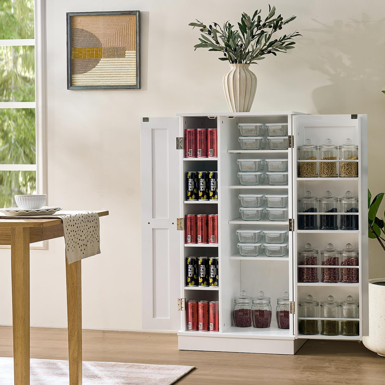 Pantry Cabinet with Storage,Freestanding Kitchen Hutch with Doors & Adjustable Shelves, Small Snacks Spices Wine Sideboard for Kitchen,Dining Room (White)