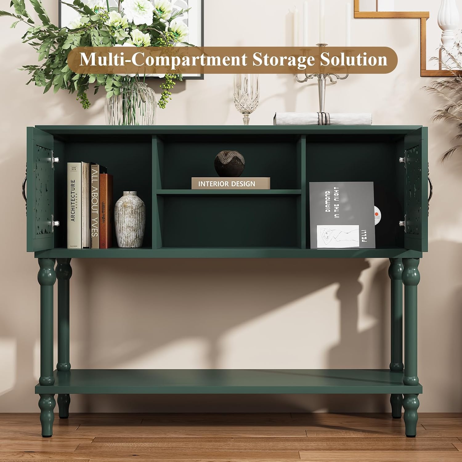 ARTPOWER Vintage Console Table with Hand-Carved Doors, 42" Narrow Entryway Table with Storage, Retro Sofa Table with Open Storage Shelf, Console Tables for Entryway, Hallway, Foyer, Living Room, Green