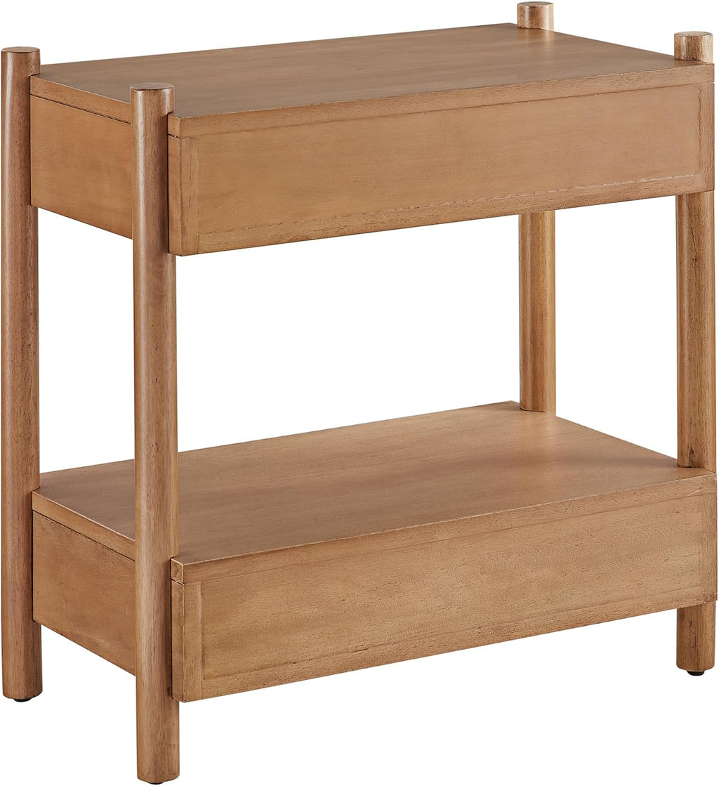 Modern Wood Nightstand with Two Drawers and Open Shelf, Solid Wood Legs, Brushed Bronze Hardware, Bedside End Table for Bedroom or Living Room