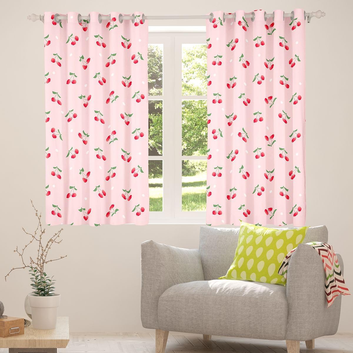 Feelyou Girls Cherry Curtains Cute Fruit Toddler Window Curtains for Bedroom Living Room Baby Women Pink Kawaii White Dots Decor Window Drapes Lovely Sweet Fresh Window Treatments 38W X 45L,2 Panels