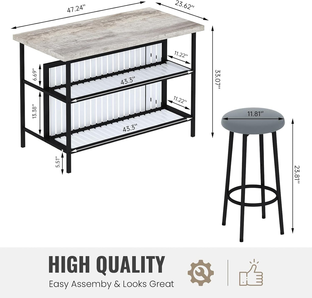 Lamerge 3 Piece Bar Table and Chairs Set, Industrial Bar Table Set with Storage Shelves,Marble Counter Height Island with 2 Bar Stools,Modern Pub Island for Kitchen,Grey